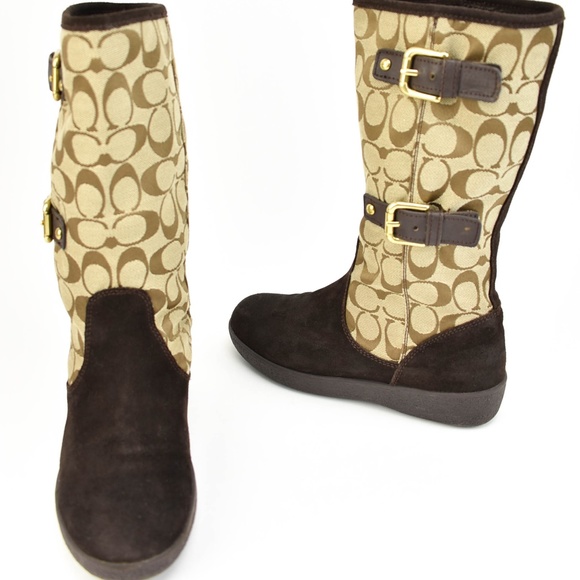 Coach Shoes - COACH: Tinah Brown Leather & C logo mid-calf boots